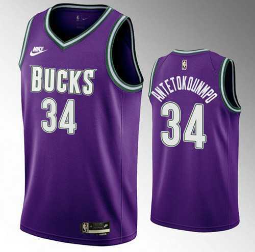 Mens Milwaukee Bucks #34 Giannis Antetokounmpo 2022-23 Purple Classic Edition Swingman Stitched Basketball Jersey Dzhi->milwaukee bucks->NBA Jersey